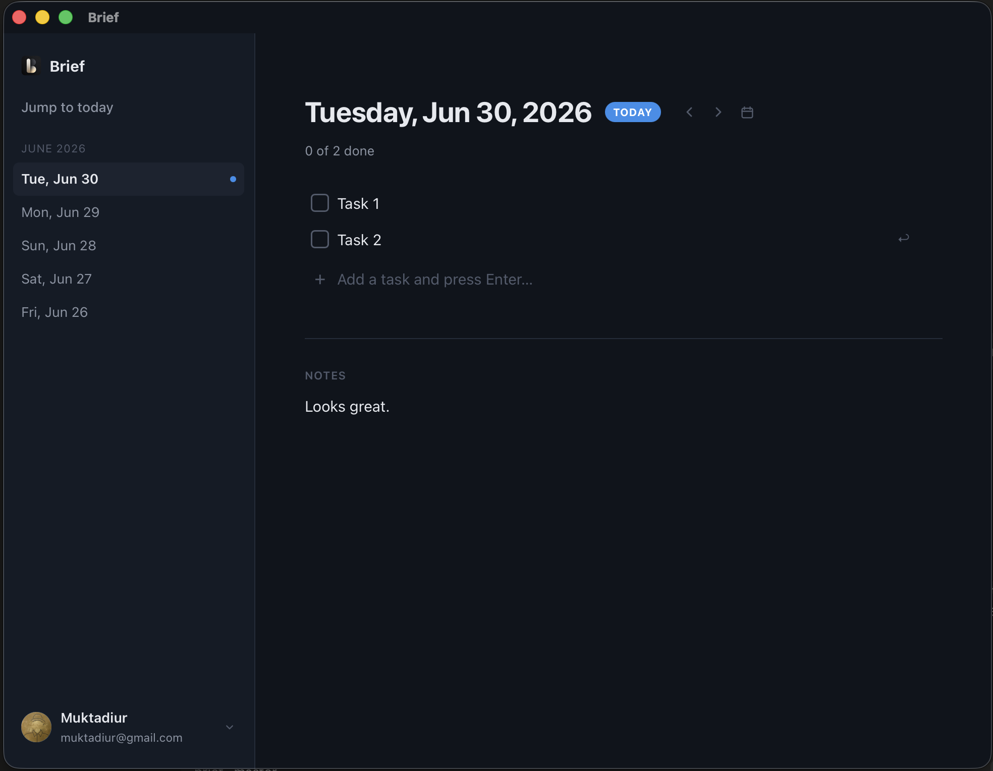 Brief — daily checklist, notes, and history